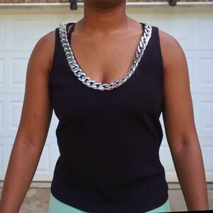H&M Black Ribbed Tank Top w/ Silver Chain Neckline Size L NWT Y2K Grunge